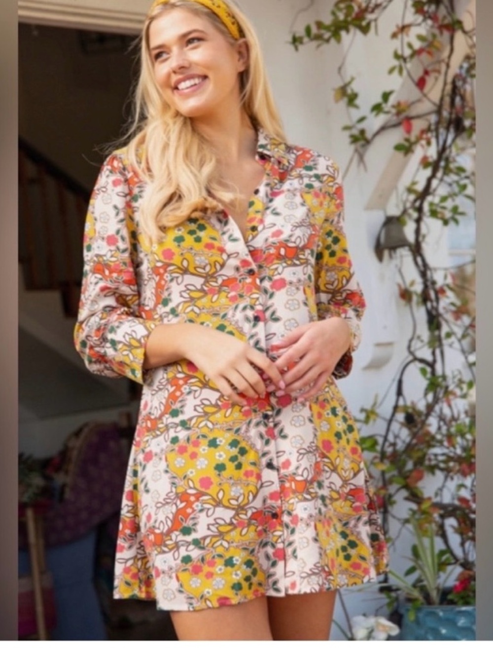 NATURAL LIFE Yellow & Orange Floral Tiered Button Mini Dress